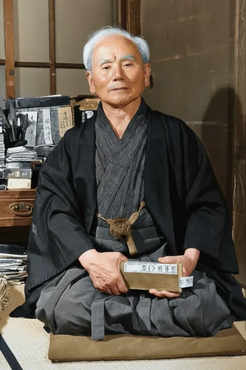 Historical portrait of Grandmaster Gichin Funakoshi, founder of modern Shotokan Karate, seated in traditional attire