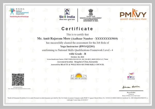 Pradhan Mantri Kaushal Vikas Yojana skill trainer qualification certificate issued to Sensei Amit More